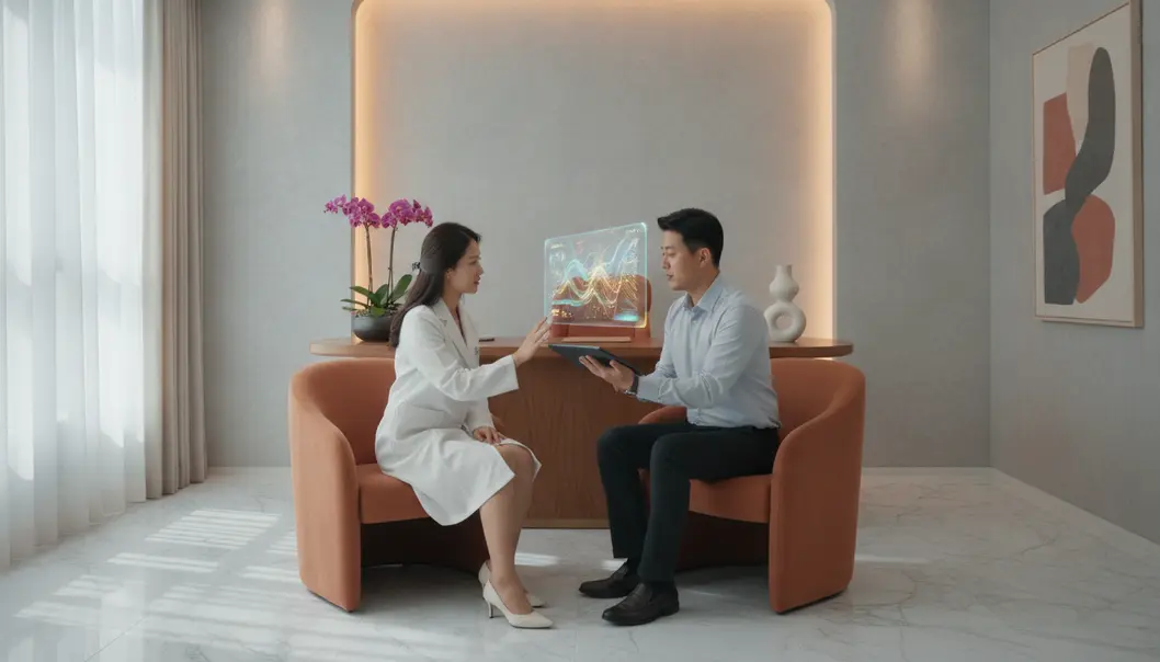 在韩国医美诊所进行激光疗程咨询与价格评估的真实情境概念。